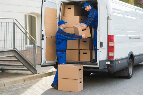 Packed business boxes and equipment ready for storage near Eastcote